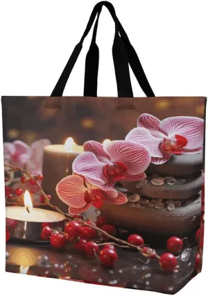 Women's Large-capacity Shoulder Shopping Bag Reusable Foldable Shopping Bags Orchid Stone Red Candles Beach Bag