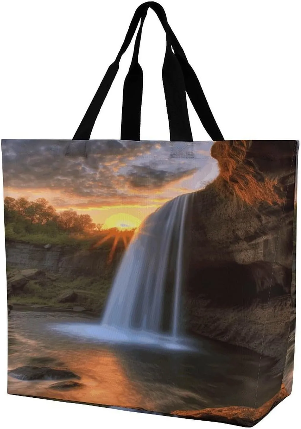 Women's Large-capacity Shoulder Shopping Bag Reusable Foldable Shopping Bags Waterfall at Sunset Beach Bag