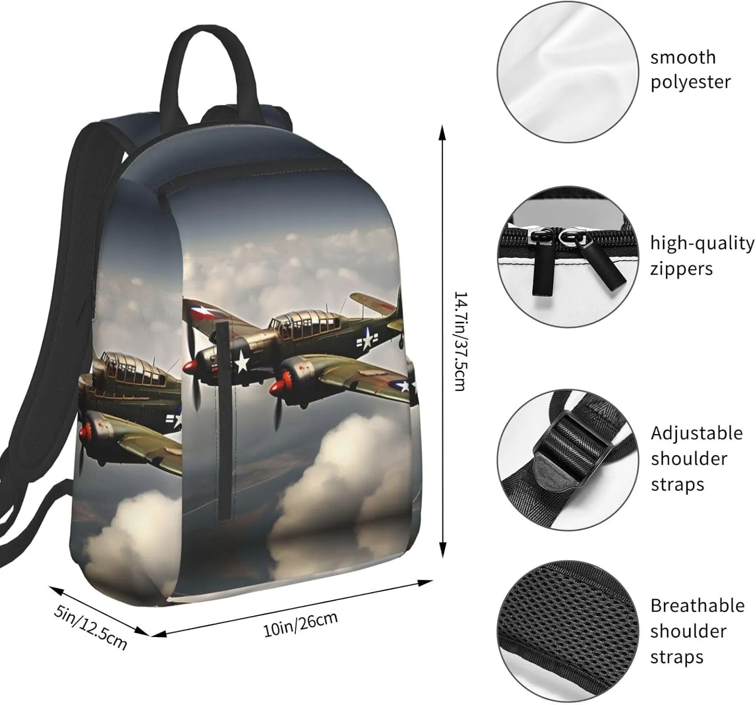 World War 2 Aircraft Airplane Print Lightweight Backpack, Travel Bookbag College Bag,Laptop Backpack For Men Women