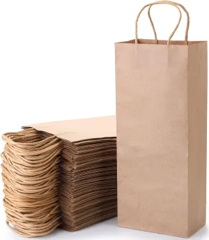 WUWEOT 50 Pack Kraft Paper Bags, 5.4"x3.3"x13" Recyclable Brown Wine Bag Paper Gift Bag Retail Shipping Bags With Handles Bulk