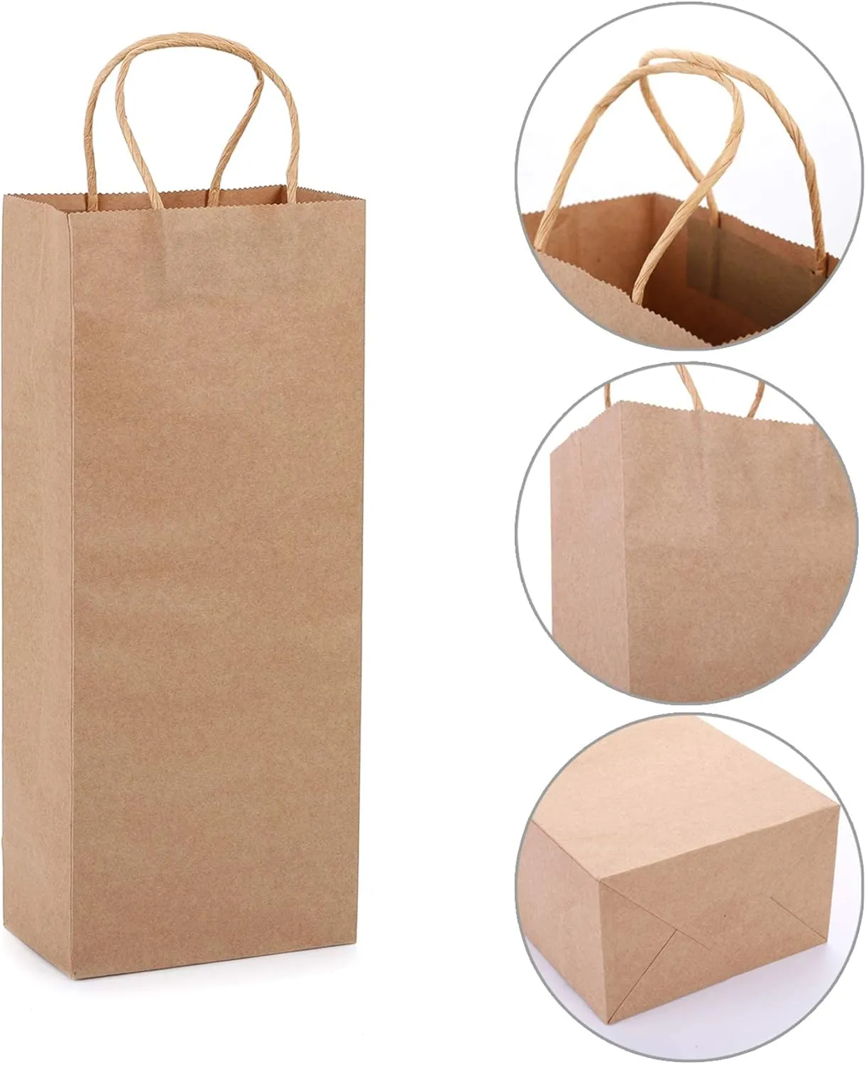 WUWEOT 50 Pack Kraft Paper Bags, 5.4"x3.3"x13" Recyclable Brown Wine Bag Paper Gift Bag Retail Shipping Bags With Handles Bulk