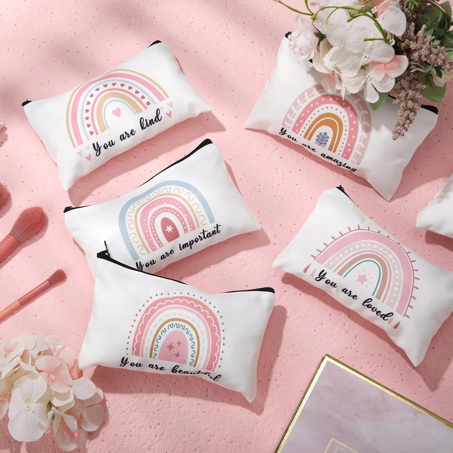 Yahenda 16 Pieces Cosmetic Makeup Bag Inspirational Zipper Pouch You Are Amazing Loved Beautiful Kind Pouch Inspirational Gifts for Women Nurse Teacher(Rainbow)