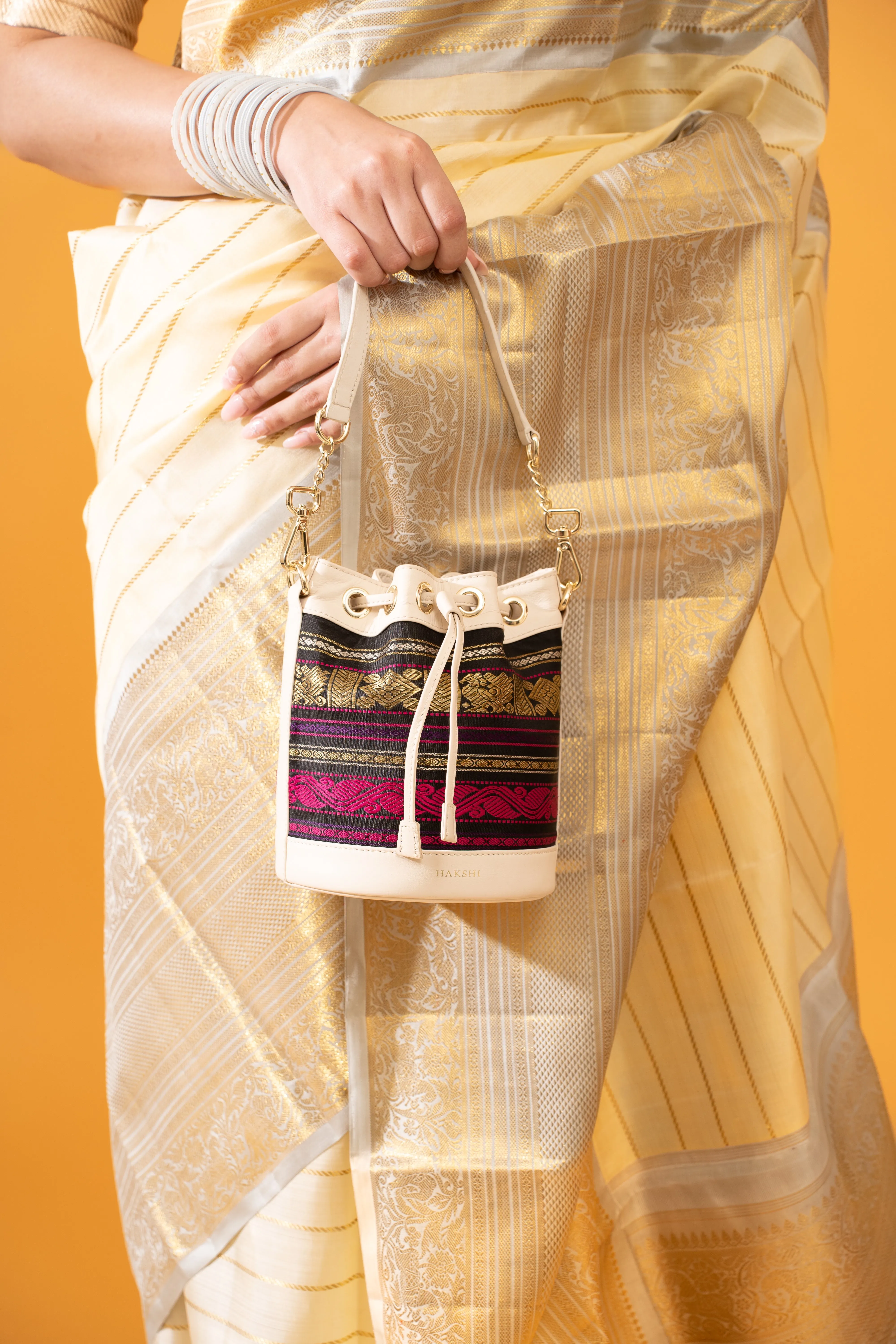 Yanay Kanchi Pure Zari Potli Bag Black & Ivory