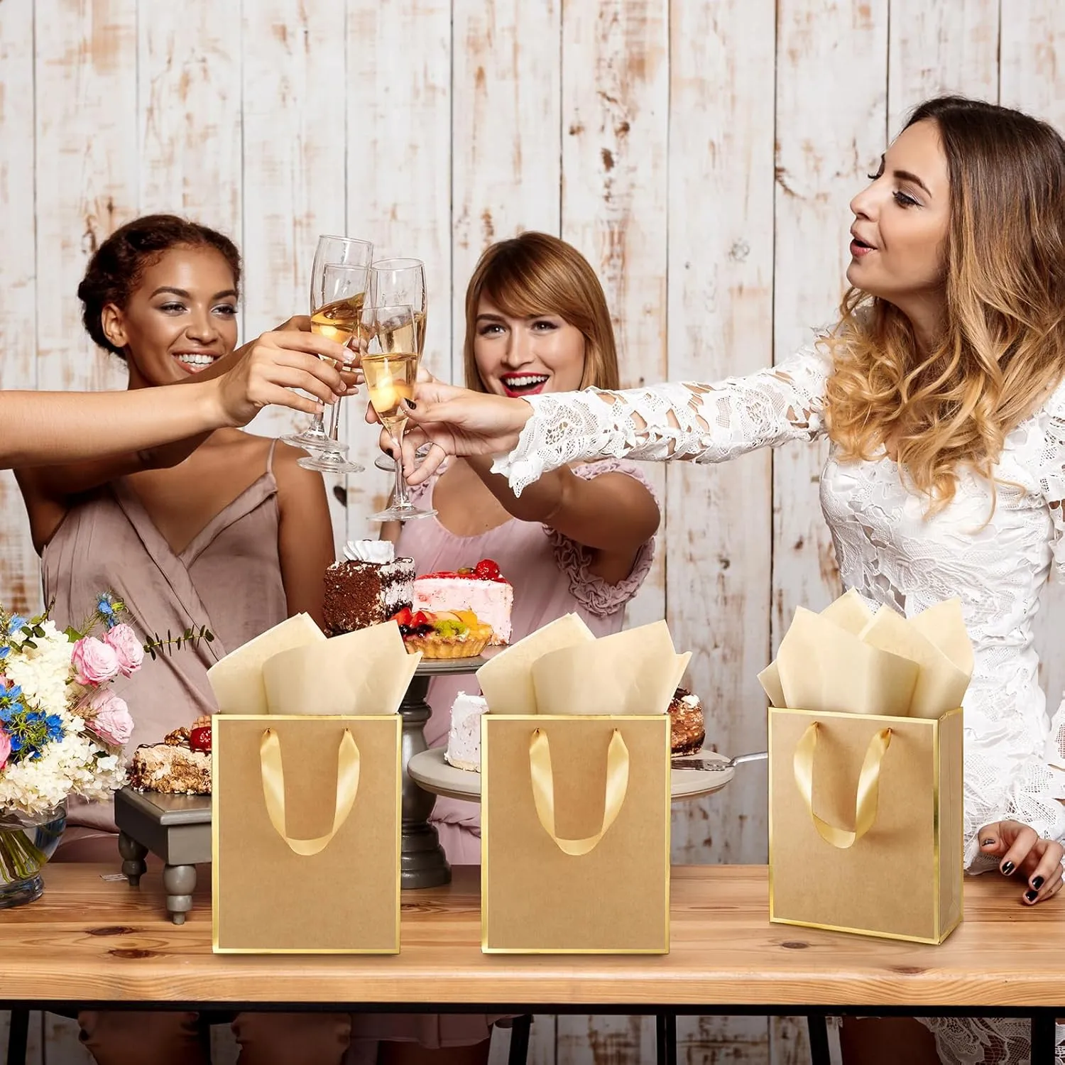 Yeaqee 24 Pack Metallic Paper Gift Bags with Handle and Tissue 9x7x3.1 Welcome Gift Thank You Bags for Wedding Bridal Shower Groomsmen Holidays Birthday Party(Kraft, Gold)