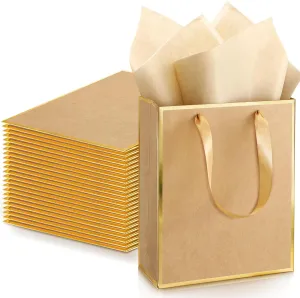 Yeaqee 24 Pack Metallic Paper Gift Bags with Handle and Tissue 9x7x3.1 Welcome Gift Thank You Bags for Wedding Bridal Shower Groomsmen Holidays Birthday Party(Kraft, Gold)
