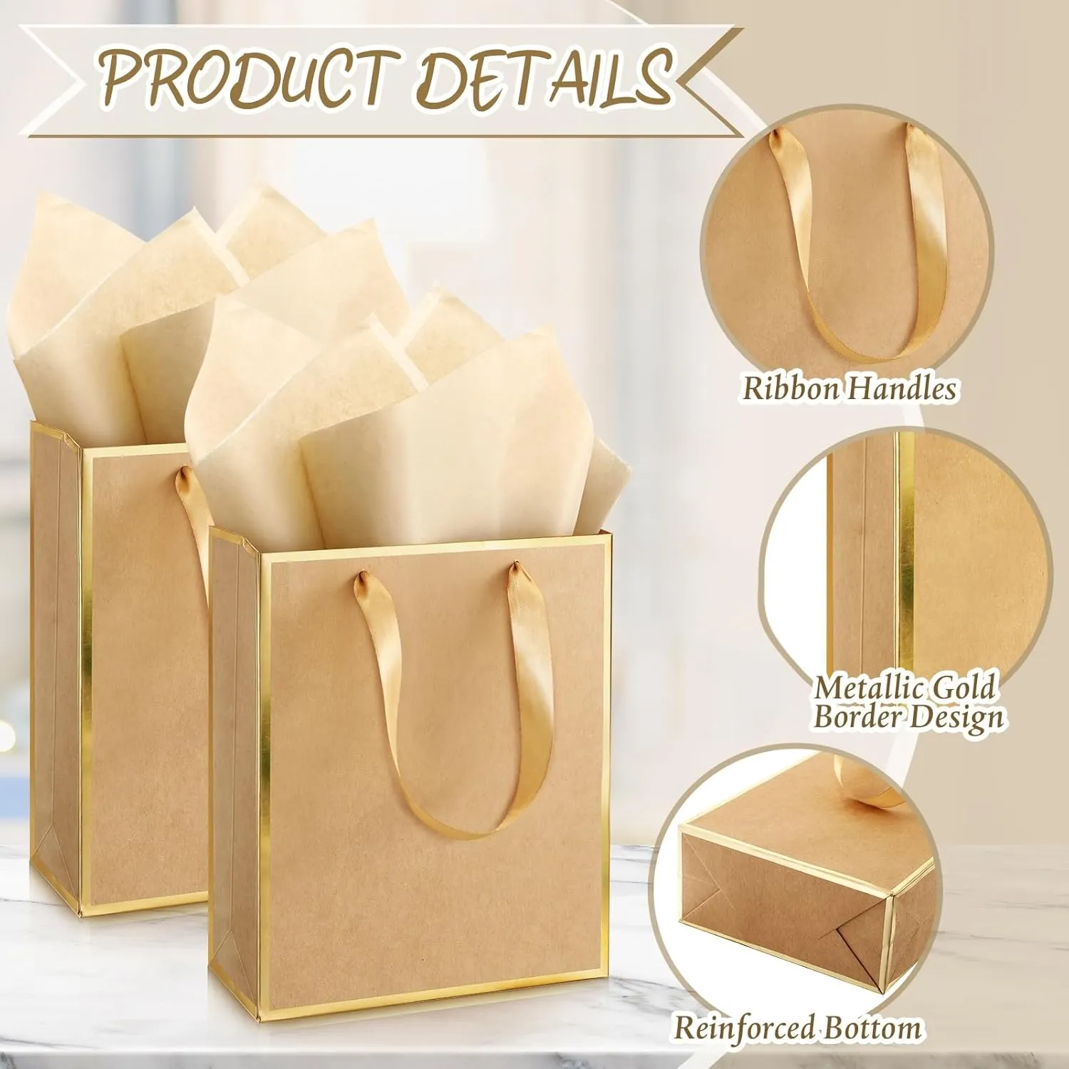 Yeaqee 24 Pack Metallic Paper Gift Bags with Handle and Tissue 9x7x3.1 Welcome Gift Thank You Bags for Wedding Bridal Shower Groomsmen Holidays Birthday Party(Kraft, Gold)