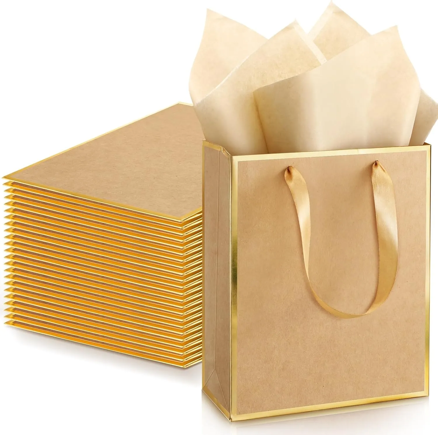 Yeaqee 24 Pack Metallic Paper Gift Bags with Handle and Tissue 9x7x3.1 Welcome Gift Thank You Bags for Wedding Bridal Shower Groomsmen Holidays Birthday Party(Kraft, Gold)
