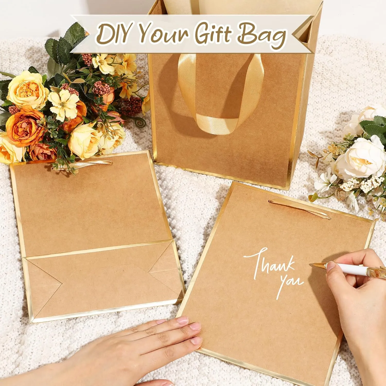 Yeaqee 24 Pack Metallic Paper Gift Bags with Handle and Tissue 9x7x3.1 Welcome Gift Thank You Bags for Wedding Bridal Shower Groomsmen Holidays Birthday Party(Kraft, Gold)