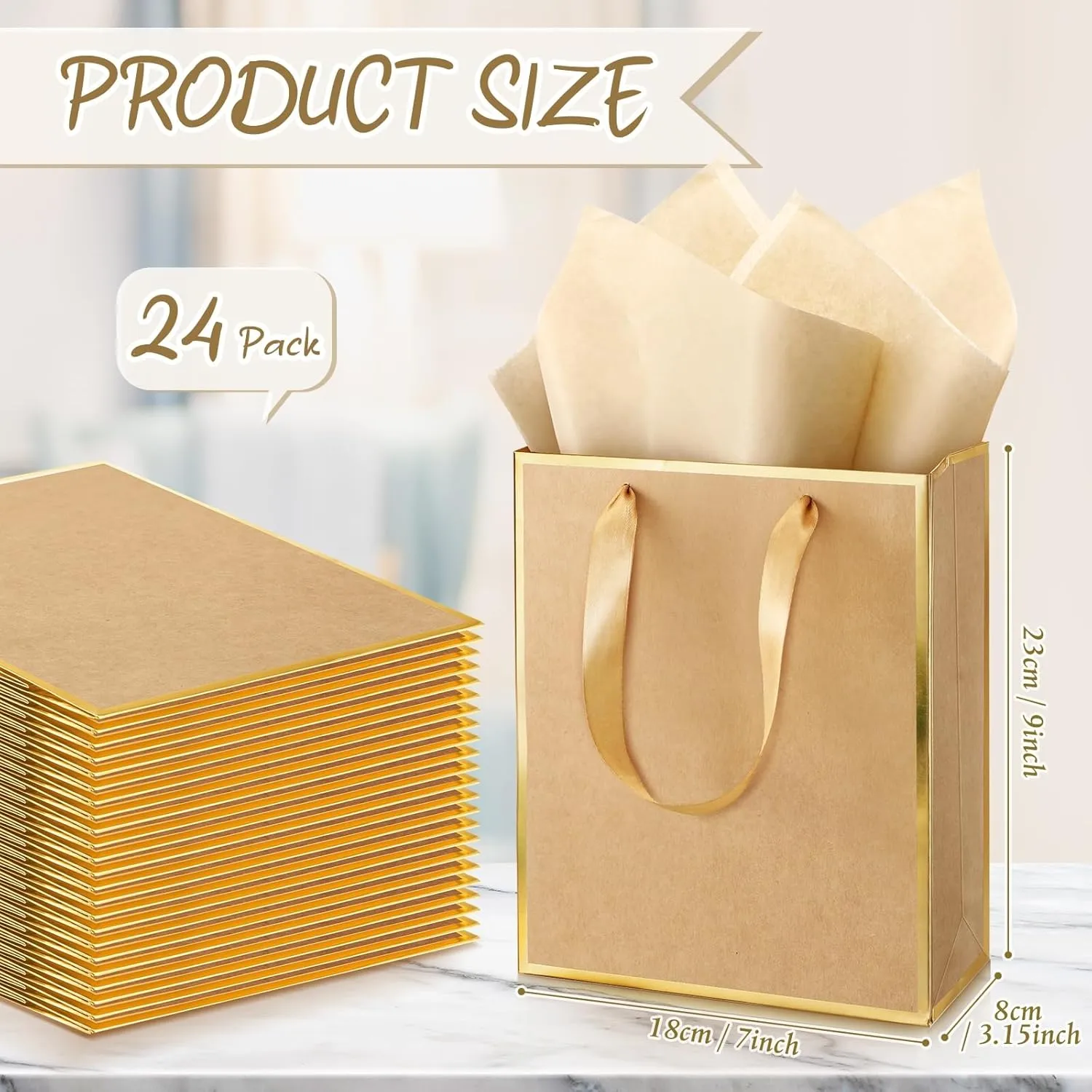 Yeaqee 24 Pack Metallic Paper Gift Bags with Handle and Tissue 9x7x3.1 Welcome Gift Thank You Bags for Wedding Bridal Shower Groomsmen Holidays Birthday Party(Kraft, Gold)