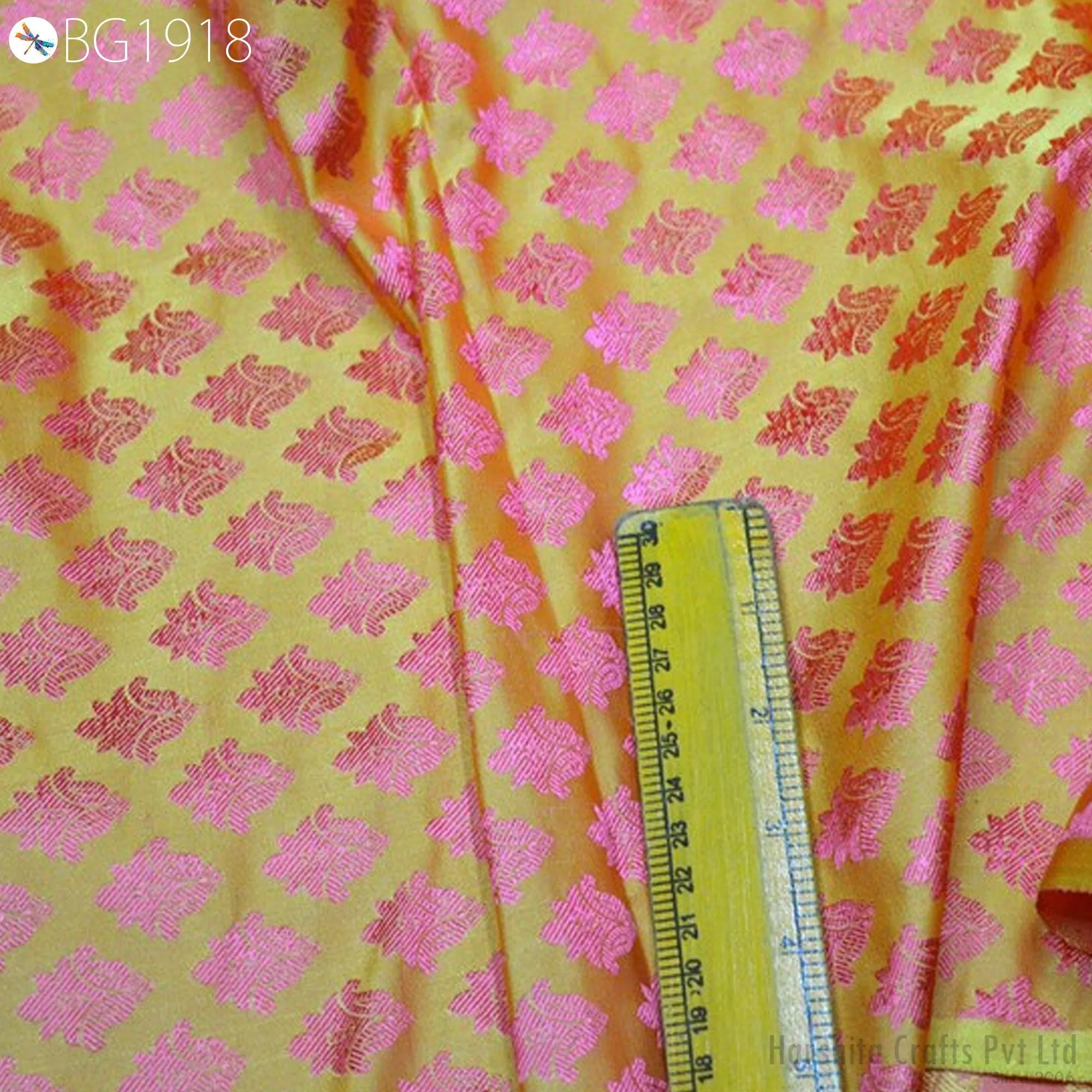 Yellow Jacquard Fabric By The Yard Indian Silk Wedding Dress Curtains Making Valance Drapes Crafting Sewing Home Décor Cushion Cover Drapery