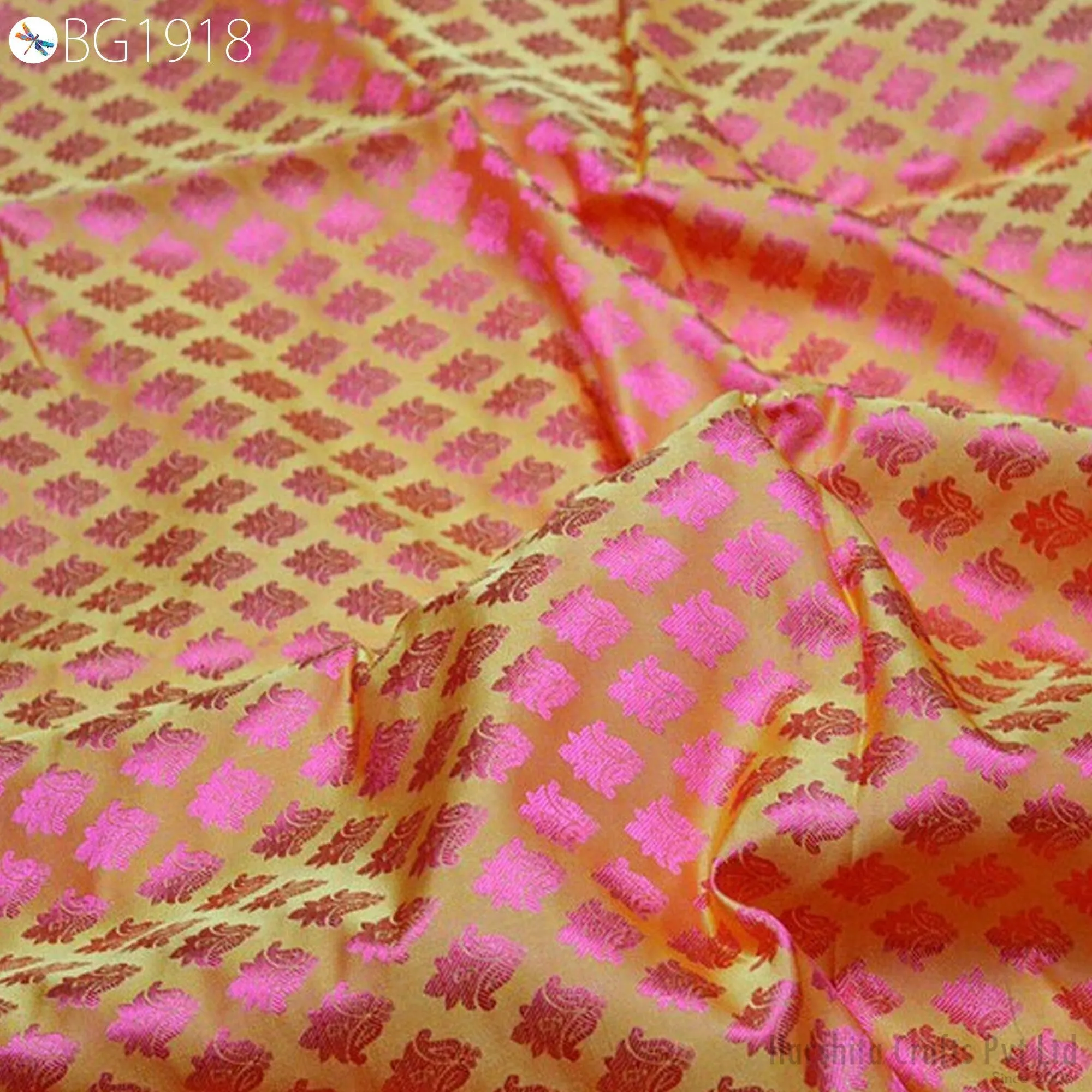 Yellow Jacquard Fabric By The Yard Indian Silk Wedding Dress Curtains Making Valance Drapes Crafting Sewing Home Décor Cushion Cover Drapery