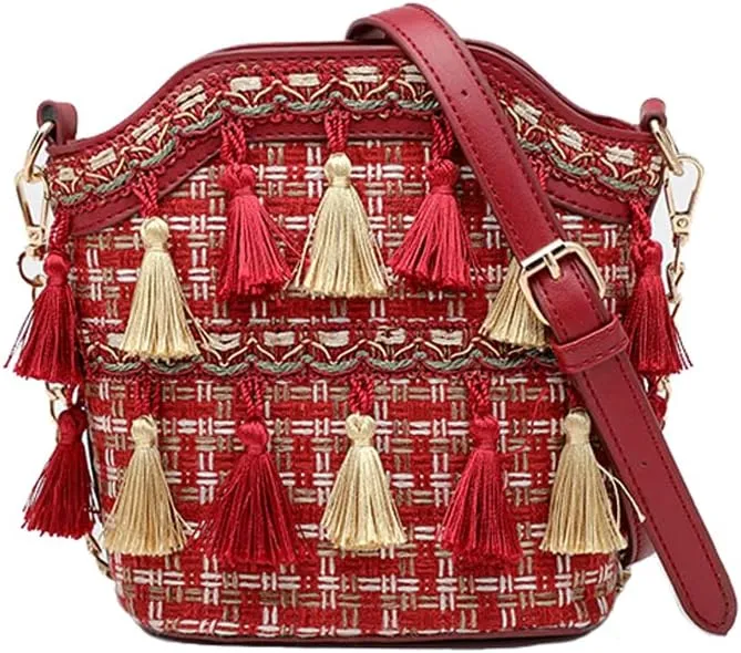 Yohora Ethnic Tassel Sling Crossbody Bag for Women Vintage Shoulder Bags Tassel Nation Woven Handbag Casual Commuter Bag