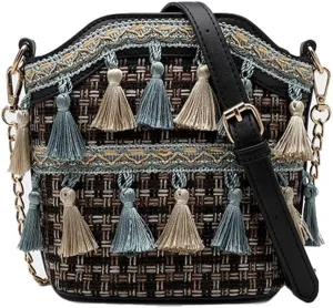 Yohora Ethnic Tassel Sling Crossbody Bag for Women Vintage Shoulder Bags Tassel Nation Woven Handbag Casual Commuter Bag