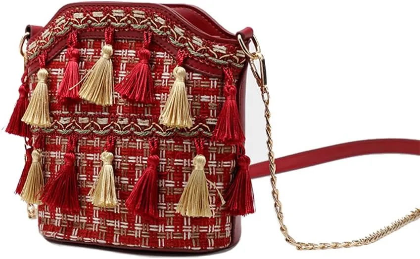 Yohora Ethnic Tassel Sling Crossbody Bag for Women Vintage Shoulder Bags Tassel Nation Woven Handbag Casual Commuter Bag