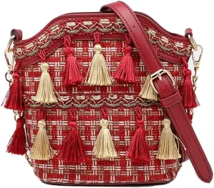 Yohora Ethnic Tassel Sling Crossbody Bag for Women Vintage Shoulder Bags Tassel Nation Woven Handbag Casual Commuter Bag