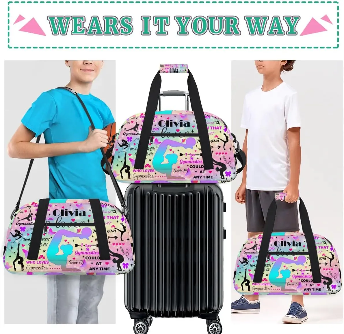 Yzrwebo Personalized Gymnastics Bag with Name for Women, Custom Gymnastics Gym Duffel Bag, Customized Sport Bag Travel Weekender Overnight Bags, Rainbow