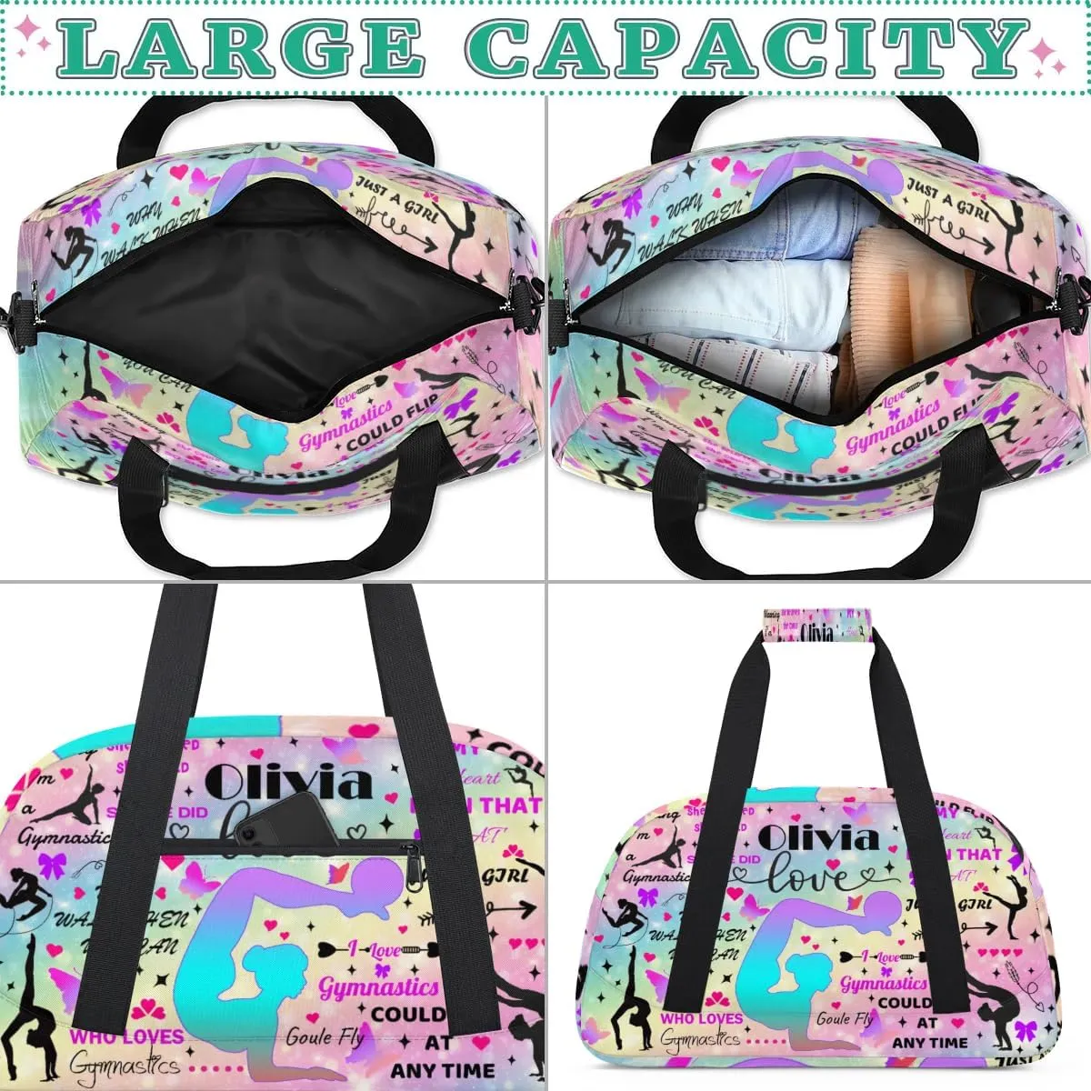 Yzrwebo Personalized Gymnastics Bag with Name for Women, Custom Gymnastics Gym Duffel Bag, Customized Sport Bag Travel Weekender Overnight Bags, Rainbow