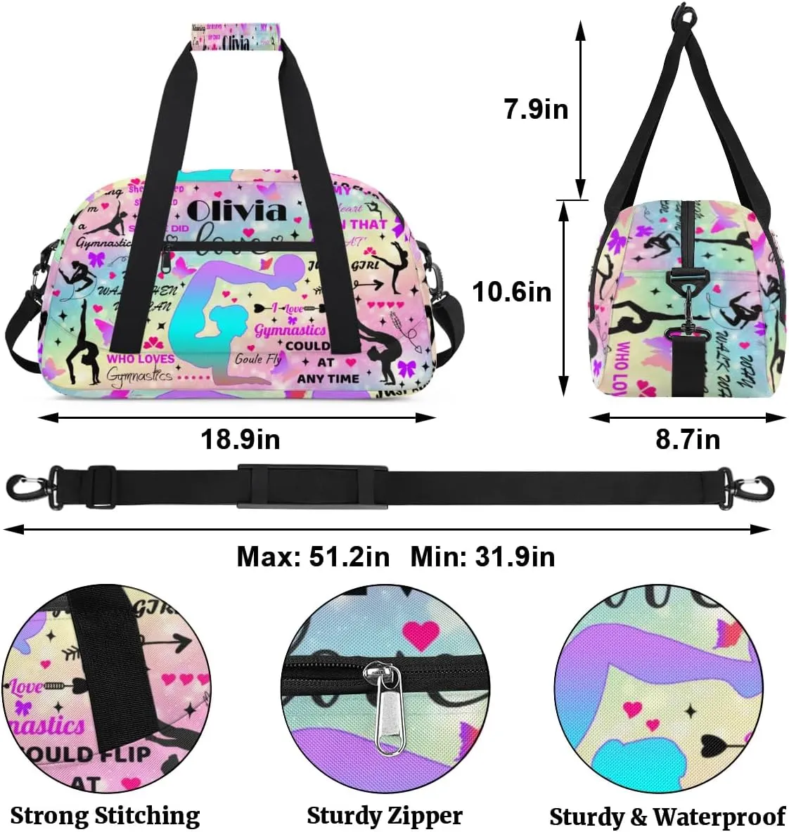 Yzrwebo Personalized Gymnastics Bag with Name for Women, Custom Gymnastics Gym Duffel Bag, Customized Sport Bag Travel Weekender Overnight Bags, Rainbow