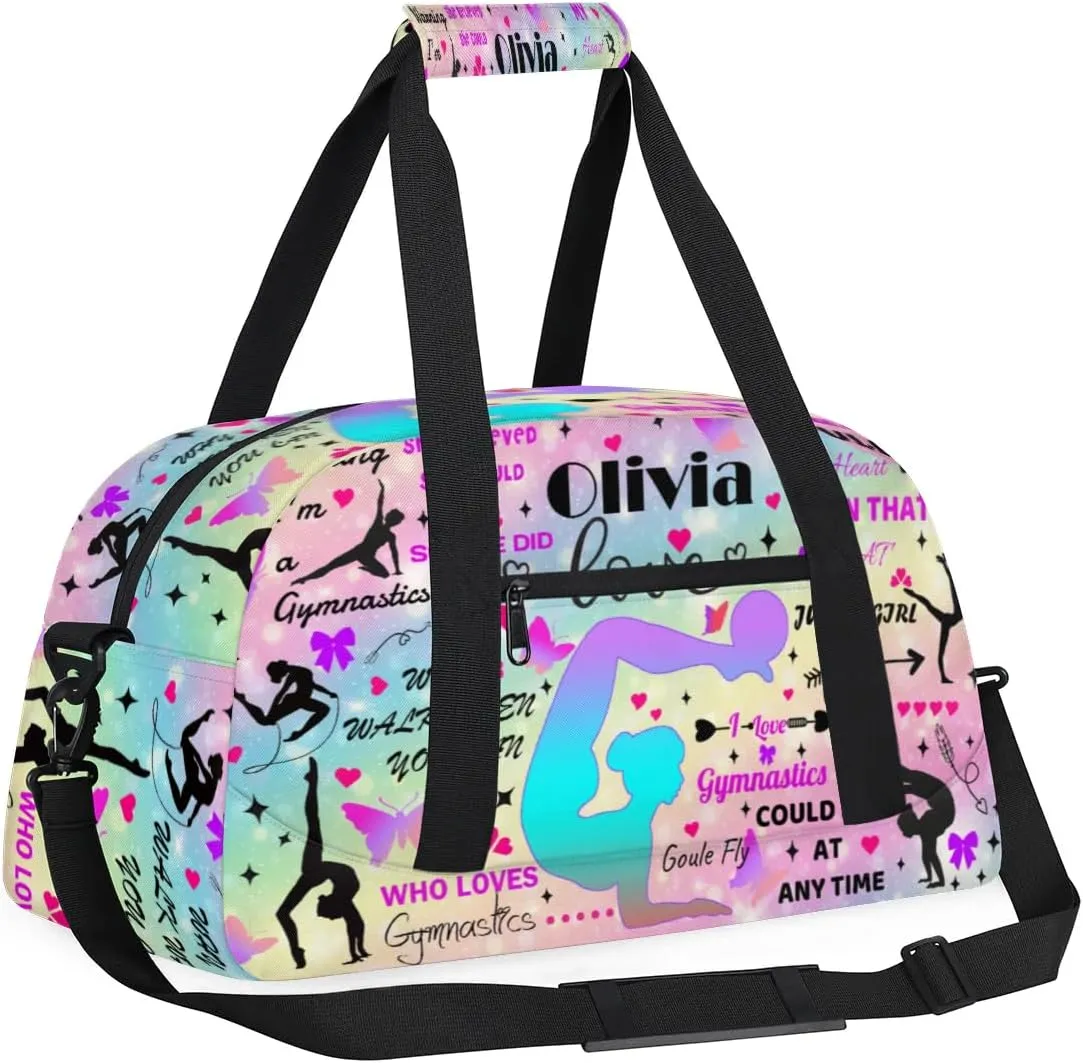 Yzrwebo Personalized Gymnastics Bag with Name for Women, Custom Gymnastics Gym Duffel Bag, Customized Sport Bag Travel Weekender Overnight Bags, Rainbow