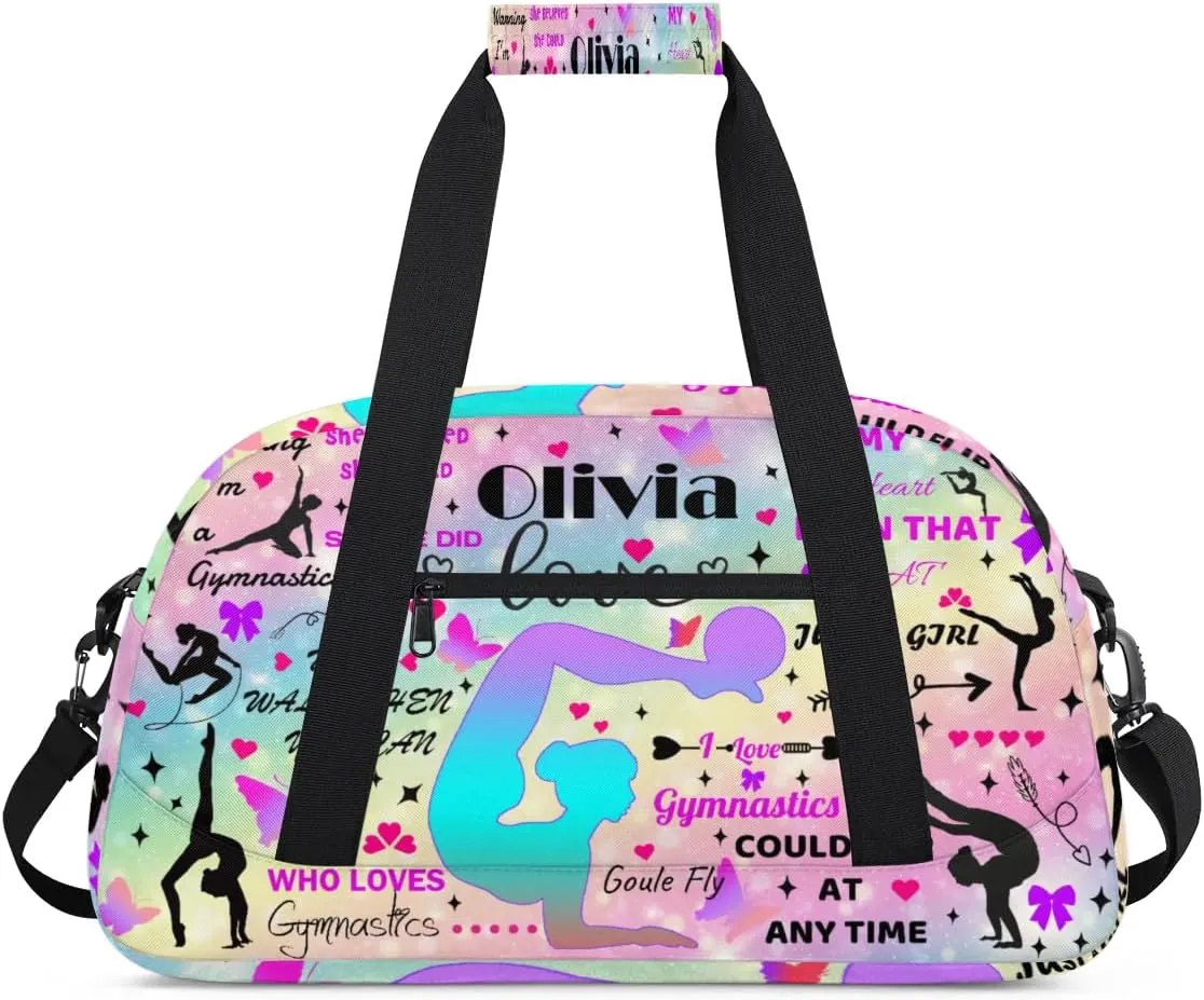 Yzrwebo Personalized Gymnastics Bag with Name for Women, Custom Gymnastics Gym Duffel Bag, Customized Sport Bag Travel Weekender Overnight Bags, Rainbow