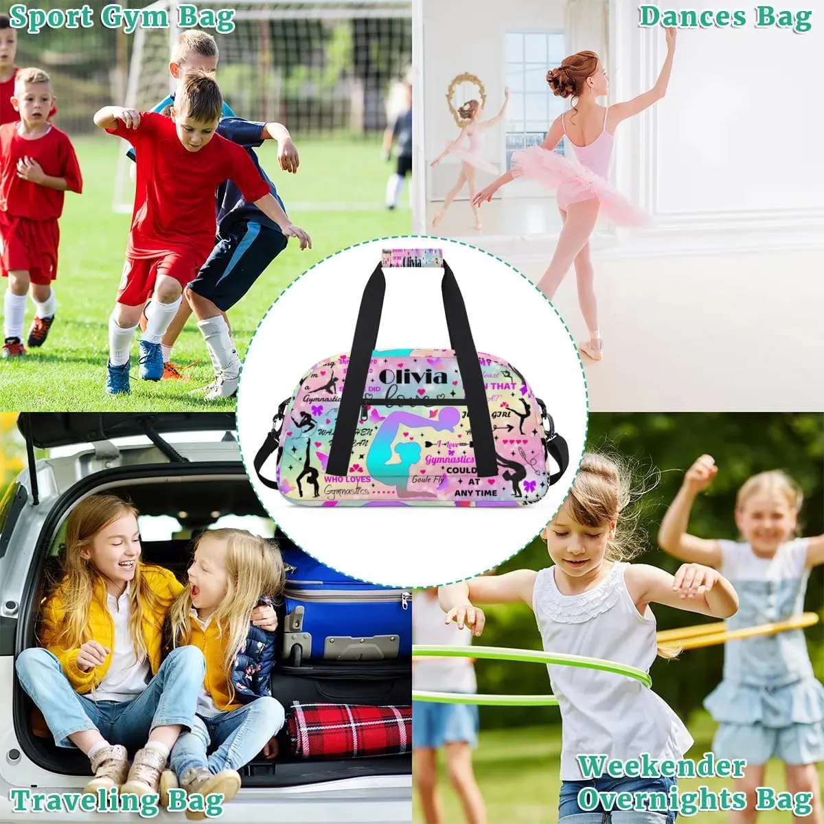 Yzrwebo Personalized Gymnastics Bag with Name for Women, Custom Gymnastics Gym Duffel Bag, Customized Sport Bag Travel Weekender Overnight Bags, Rainbow