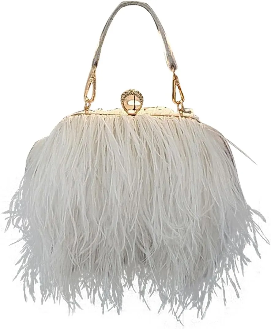 ZAKIA Women's Real Natural Ostrich Feather Tote Evening Dress Bag Shoulder Bag Party Money Bag Wallet Clutch