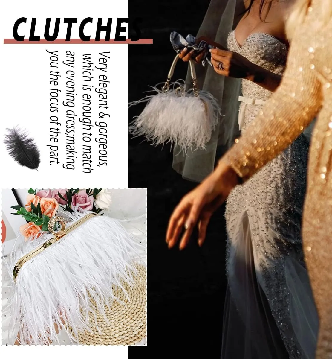 ZAKIA Women's Real Natural Ostrich Feather Tote Evening Dress Bag Shoulder Bag Party Money Bag Wallet Clutch