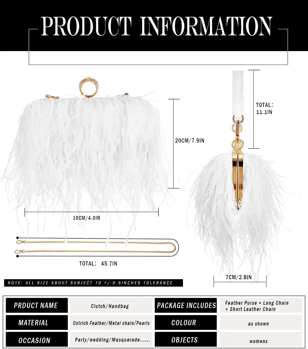 ZAKIA Women's Real Natural Ostrich Feather Tote Evening Dress Bag Shoulder Bag Party Money Bag Wallet Clutch