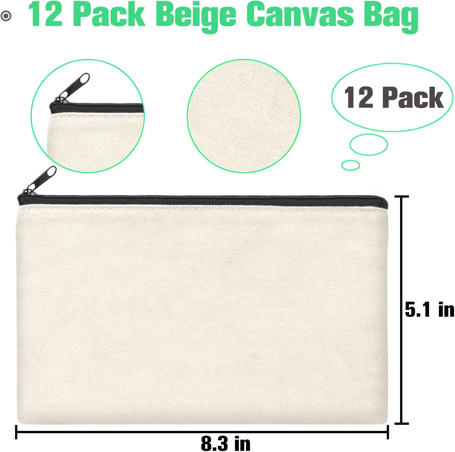 ZeeDix Canvas Pouch- Multi-purpose Cosmetic Bag with Zipper, DIY Craft Canvas Zipper Pouch Blank Makeup Bags Bulk Travel Toiletry Bag for Storage (8.3 x 5 inches)