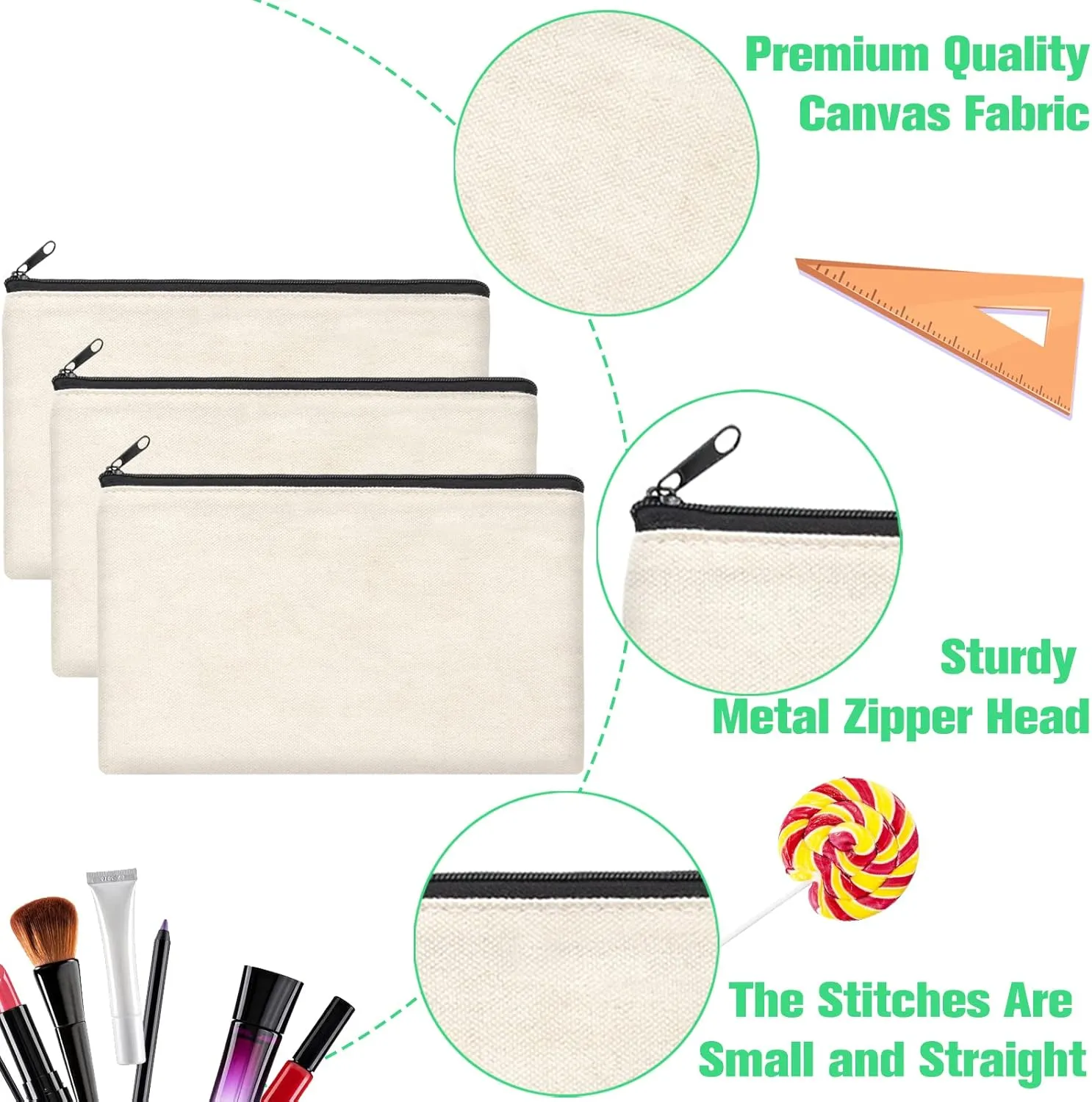 ZeeDix Canvas Pouch- Multi-purpose Cosmetic Bag with Zipper, DIY Craft Canvas Zipper Pouch Blank Makeup Bags Bulk Travel Toiletry Bag for Storage (8.3 x 5 inches)