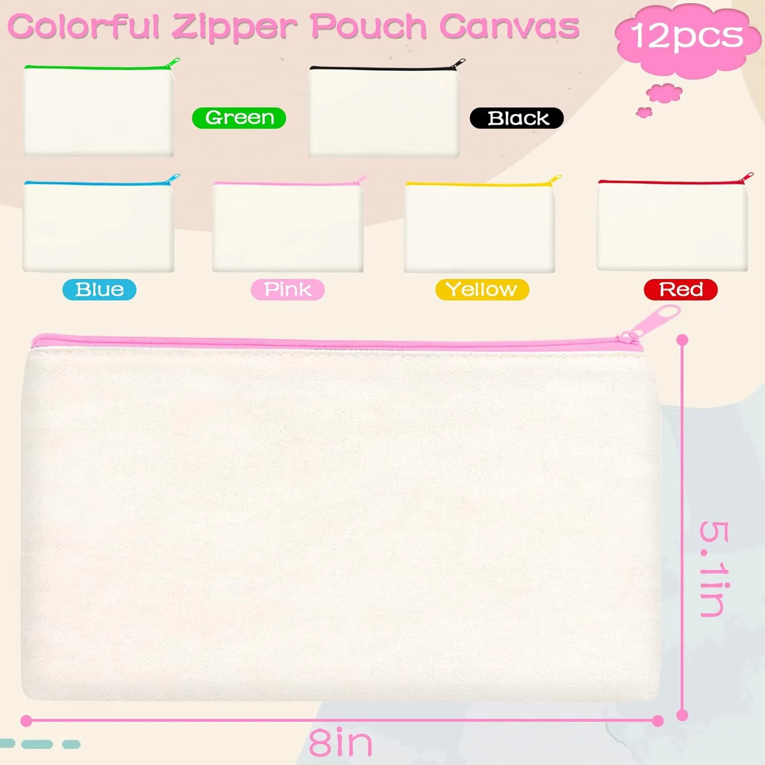 ZeeDix Canvas Pouch- Multi-purpose Cosmetic Bag with Zipper, DIY Craft Canvas Zipper Pouch Blank Makeup Bags Bulk Travel Toiletry Bag for Storage (8.3 x 5 inches)