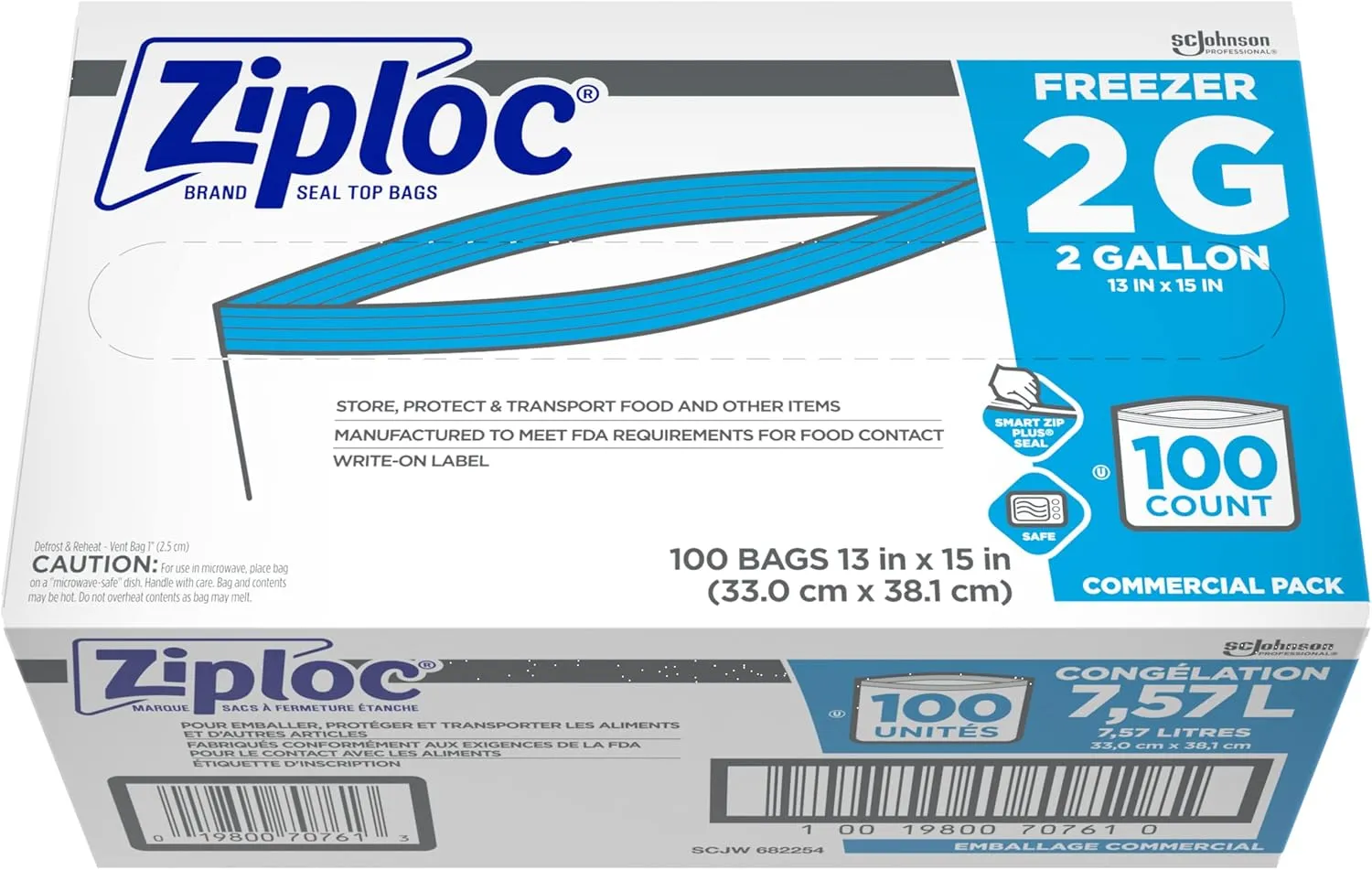 Ziploc Professional Freezer Bags, For Food Organization and Storage, Double Zipper, 2 Gallon, 100 Count