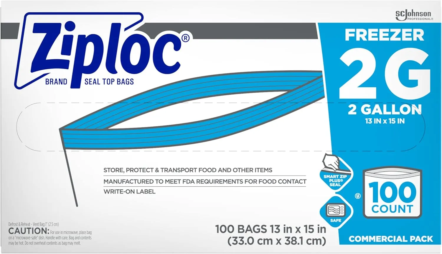 Ziploc Professional Freezer Bags, For Food Organization and Storage, Double Zipper, 2 Gallon, 100 Count
