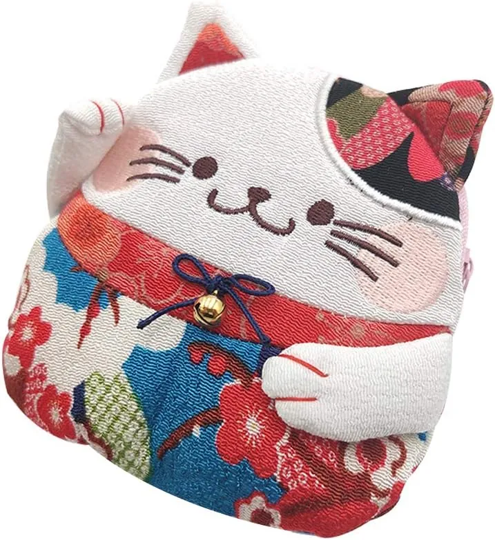 Zipper Maneki Neko lucky cat coin purse- Chirimen Kimono Print Style kawaii Cat Coin Wallet Holder for Coin Money Credit cards (Blue)