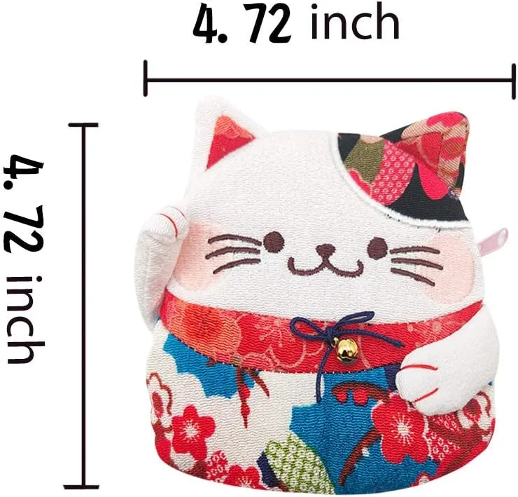Zipper Maneki Neko lucky cat coin purse- Chirimen Kimono Print Style kawaii Cat Coin Wallet Holder for Coin Money Credit cards (Blue)