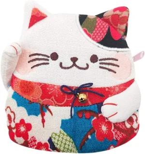 Zipper Maneki Neko lucky cat coin purse- Chirimen Kimono Print Style kawaii Cat Coin Wallet Holder for Coin Money Credit cards (Blue)