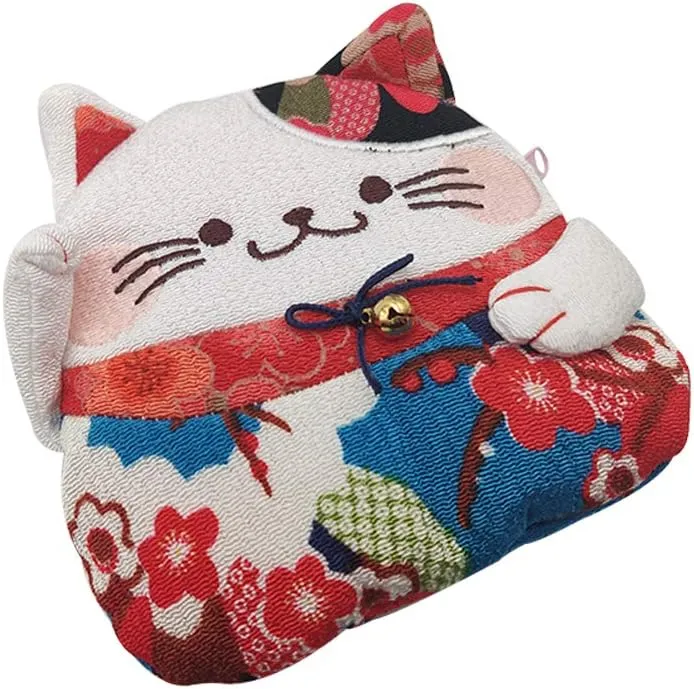 Zipper Maneki Neko lucky cat coin purse- Chirimen Kimono Print Style kawaii Cat Coin Wallet Holder for Coin Money Credit cards (Blue)