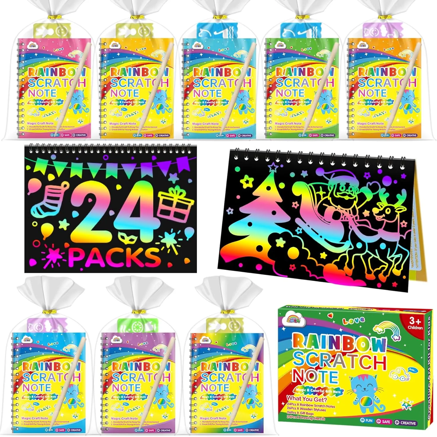 ZMLM Rainbow Scratch Party Favors Kids: Birthday Gifts Toy Bulk Scratch Art Notebook 24 Pack Birthday Goodie Bags Stuffers Girls Boys Art Craft Kit Pads Classroom Prizes School