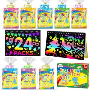 ZMLM Rainbow Scratch Party Favors Kids: Birthday Gifts Toy Bulk Scratch Art Notebook 24 Pack Birthday Goodie Bags Stuffers Girls Boys Art Craft Kit Pads Classroom Prizes School